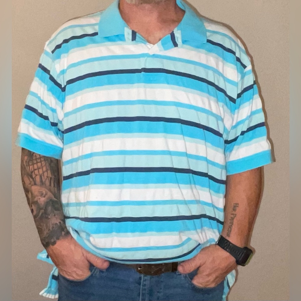 Daniel Cremieux Men's Polo Shirt - Aqua and White Stripes